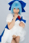 blouse blue_hair bottomless cirno cosplay dress_lift hairbow jumper lenfried socks touhou rating:Explicit score:3 user:nil!
