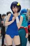 bandage blue_eyes blue_hair chuunibyou_demo_koi_ga_shitai! cosplay hairbow swimsuit takanashi_rikka thighhighs yuihara_hinase rating:Safe score:4 user:pixymisa