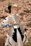 armor blonde_hair braid cosplay detached_sleeves dress fate/series fate/stay_night gauntlets kamui_arisa red_moon saber sword rating:Safe score:0 user:nil!