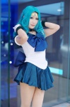 aqua_hair bishoujo_senshi_sailor_moon cosplay gloves hanako headband kaiou_michiru pantyhose sailor_dress sailor_neptune sheer_legwear rating:Safe score:0 user:nil!