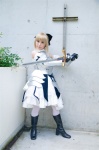 armor blonde_hair boots braid cosplay detached_sleeves fate/series fate/stay_night gauntlets kamui_arisa red_moon saber skirt sword thighhighs rating:Safe score:0 user:nil!