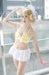 bikini blonde_hair cleavage cosplay hairbow hair_clips headset kagamine_rin microskirt pantyhose project_diva skirt swimsuit vocaloid yuyu_kaname rating:Safe score:1 user:nil!