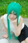 cosplay green_hair higurashi_no_naku_koro_ni miniskirt non_(ii) pantyhose skirt sonozaki_shion sweater_vest turtleneck rating:Safe score:0 user:nil!