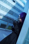 bodysuit coat cosplay fingerless_gloves ghost_in_the_shell gloves gun kusanagi_motoko makiron purple_hair rating:Safe score:1 user:nil!