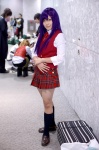 blouse cosplay hair_clip kakizaki_misa kanaezaki_shino mahou_sensei_negima! miniskirt plaid pleated_skirt purple_hair school_uniform skirt socks tie vest rating:Safe score:1 user:nil!