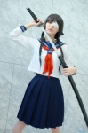 cosplay eyepatch katana kuuya original pleated_skirt sailor_uniform scarf school_uniform skirt sword twin_braids rating:Safe score:0 user:nil!