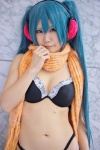 aqua_hair bikini cleavage cosplay ear_muffs hatsune_miku headset momoka_(ii) scarf swimsuit twintails vocaloid rating:Safe score:2 user:pixymisa