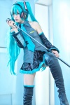 aqua_hair blouse blue_eyes boots cosplay dai detached_sleeves hatsune_miku headset microphone pleated_skirt skirt thigh_boots thighhighs twintails vocaloid zettai_ryouiki rating:Safe score:3 user:pixymisa
