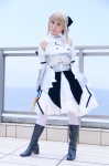 armor blonde_hair boots braid cosplay detached_sleeves fate/series fate/stay_night gauntlets kamui_arisa red_moon saber skirt sword thighhighs rating:Safe score:0 user:nil!
