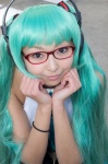 aqua_hair cosplay glasses hatsune_miku headphones necoco pleated_skirt skirt sleeveless_blouse thighhighs tie twintails vocaloid rating:Safe score:0 user:pixymisa