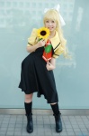 air blonde_hair blouse boots cosplay hairbow jumper kamio_misuzu kneesocks merino_moko school_uniform sunflower tie rating:Safe score:1 user:nil!