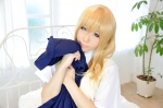 assam bed blazer blonde_hair blouse cosplay haruka k-on! kotobuki_tsumugi school_uniform sleeveless_sweater sweater_vest rating:Safe score:0 user:nil!