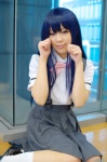 blouse blue_hair cosplay furude_rika higurashi_no_naku_koro_ni himekawa_azuru jumper school_uniform socks rating:Safe score:0 user:nil!