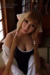 blonde_hair blouse chii_(chobits) chobits cleavage cosplay hairband momoiro_merankori one-piece_swimsuit open_clothes saku swimsuit rating:Safe score:0 user:nil!