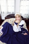 apron asazumi_yuumi bed blonde_hair choker cleavage cosplay dress hairband holly maid maid_uniform thighhighs wataridori_ni_yadorigi_wo rating:Safe score:0 user:nil!
