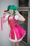 boots bow cosplay dress green_hair macross macross_frontier microphone miki necklace ranka_lee red_eyes ribbons twintails vest rating:Safe score:0 user:pixymisa