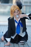 blazer blonde_hair blouse blue_eyes cosplay glare_(vocaloid) glasses hair_clips kagamine_rin looking_over_glasses microphone mineo_kana miniskirt skirt striped thighhighs tie vocaloid zettai_ryouiki rating:Safe score:2 user:pixymisa
