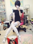 denim iiniku_ushijima iphone print_legwear self-shot shorts sweater thighhighs white_legwear rating:Safe score:6 user:nil!