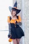 black_legwear corset cosplay detached_sleeves dress fishnet_pantyhose narihara_riku necklace original pantyhose pumpkin wand witch witch_hat rating:Safe score:1 user:pixymisa