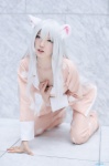 aki_(iv) animal_ears bakemonogatari cat_ears cleavage cosplay hanekawa_black hanekawa_tsubasa pajamas white_hair rating:Safe score:3 user:nil!
