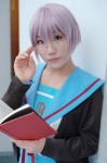 book cardigan cosplay glasses nagato_yuki nagatsuki pleated_skirt purple_hair sailor_uniform school_uniform skirt suzumiya_haruhi_no_yuuutsu rating:Safe score:0 user:nil!