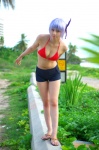 ayane_(doa) beach bikini_top cleavage cosplay dead_or_alive denim headband ocean purple_hair shorts swimsuit tachibana_minami rating:Safe score:0 user:nil!