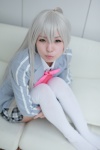 blazer blouse bowtie cosplay green_eyes haiyore!_nyaruko-san maitako nyaruko pleated_skirt skirt thighhighs white_hair rating:Safe score:1 user:pixymisa