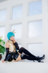 aqua_hair black_legwear cosplay croptop detached_sleeves hairbow hatsune_miku mashiro_yuki pleated_skirt ponytail project_diva skirt thighhighs vocaloid zettai_ryouiki rating:Safe score:0 user:nil!