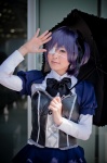 akitsu_honoka blouse blue_eyes bowtie chuunibyou_demo_koi_ga_shitai! cosplay eyepatch hairbow purple_hair side_ponytail takanashi_rikka tiered_skirt umbrella rating:Safe score:1 user:pixymisa
