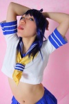 blouse blue_eyes blue_hair cosplay ikkitousen kanu_unchou kousuke miniskirt pleated_skirt sailor_uniform scarf school_uniform skirt rating:Safe score:0 user:pixymisa