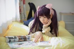 bed cardigan cosplay hairbows kousaka_yun kyou_no_asuka_show pleated_skirt purple_hair sailor_uniform sawada_mao school_uniform skirt thighhighs twintails rating:Safe score:0 user:nil!