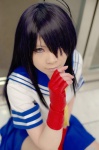 ahoge blue_hair cosplay croptop fingerless_gloves gloves ikkitousen kanu_unchou pantyhose pleated_skirt ryuuna sailor_uniform school_uniform skirt rating:Safe score:2 user:nil!