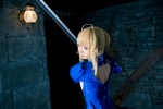 ahoge blonde_hair bodysuit braid cosplay fate/series fate/stay_night king~earth~ mike saber sword rating:Safe score:0 user:nil!