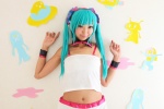 aqua_hair camisole cosplay hatsune_miku headset miniskirt necoco remix_necosmo skirt tagme_song twintails vocaloid rating:Safe score:0 user:nil!