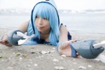 asakura_kana beach blue_hair cleavage cosplay croptop gundam msm-07_z'gok ocean pleated_skirt skirt tank_top rating:Safe score:0 user:nil!