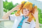 blouse cosplay glasses hoshino_kana idolmaster red_hair school_uniform takatsuki_yayoi tie twintails rating:Safe score:0 user:nil!