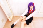 blouse cosplay fate/series fate/stay_night hair_ribbons matou_sakura purple_hair sachi_budou school_uniform skirt socks vest rating:Safe score:0 user:nil!