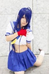 ahoge blouse blue_hair cosplay erika_(iii) fingerless_gloves ikkitousen kanu_unchou pantyhose pleated_skirt sailor_uniform scarf school_uniform sheer_legwear skirt socks rating:Safe score:0 user:pixymisa