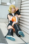 aka blonde_hair cosplay default_costume detached_sleeves hairbow headset kagamine_rin pantyhose sailor_uniform school_uniform shorts vocaloid rating:Safe score:1 user:nil!