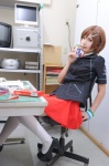 blouse calculator cosplay familymart glasses hair_clip meiko office_chair pen pleated_skirt pocky safe sake skirt television thighhighs tie vocaloid wristband yu zettai_ryouiki rating:Safe score:1 user:nil!