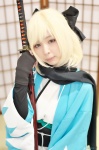 blonde_hair cosplay fate/grand_order fingerless_gloves hairbow hino_(ii) katana kimono sakura_saber sword rating:Safe score:0 user:nil!