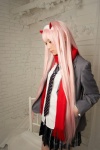 blazer blouse cosplay darling_in_the_franxx emerald horns pink_hair pleated_skirt ratings:s scarf school_uniform skirt tie usakichi zero_two rating:Questionable score:0 user:nil!
