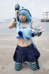 asakura_kana beach blue_hair cosplay croptop gundam msm-07_z'gok ocean pleated_skirt skirt striped tank_top thighhighs zettai_ryouiki rating:Safe score:1 user:nil!