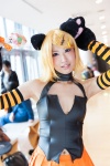 animal_ears blonde_hair cat_ears cat_paws cosplay detached_sleeves hair_clips halter_top kagamine_rin paw_gloves pleated_skirt skirt striped tomoshibi vocaloid rating:Safe score:1 user:pixymisa