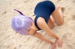 ayane_(doa) beach cleavage cosplay dead_or_alive headband one-piece_swimsuit purple_hair school_swimsuit swimsuit tachibana_minami rating:Safe score:0 user:nil!