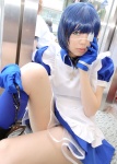 apron blue_hair boots cosplay eyepatch gloves handcuffs ikkitousen kneehighs maid maid_uniform namada pantyhose ryomou_shimei rating:Safe score:2 user:nil!
