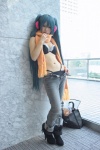 bikini blue_hair boots cleavage cosplay ear_muffs hatsune_miku headset jeans momoka_(ii) open_clothes scarf swimsuit twintails vocaloid rating:Safe score:4 user:nil!