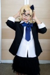 blazer blonde_hair blouse cosplay glare_(vocaloid) glasses hair_clips kagamine_rin looking_over_glasses miniskirt skirt tie vocaloid yapa rating:Safe score:0 user:pixymisa