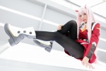 black_legwear boots cosplay darling_in_the_franxx dress emerald horns pantyhose pink_hair ratings:s usakichi zero_two rating:Questionable score:0 user:nil!