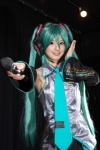 aqua_hair blouse cosplay detached_sleeves hatsune_miku headset microphone nagisa pleated_skirt skirt tie twintails vocaloid rating:Safe score:0 user:pixymisa